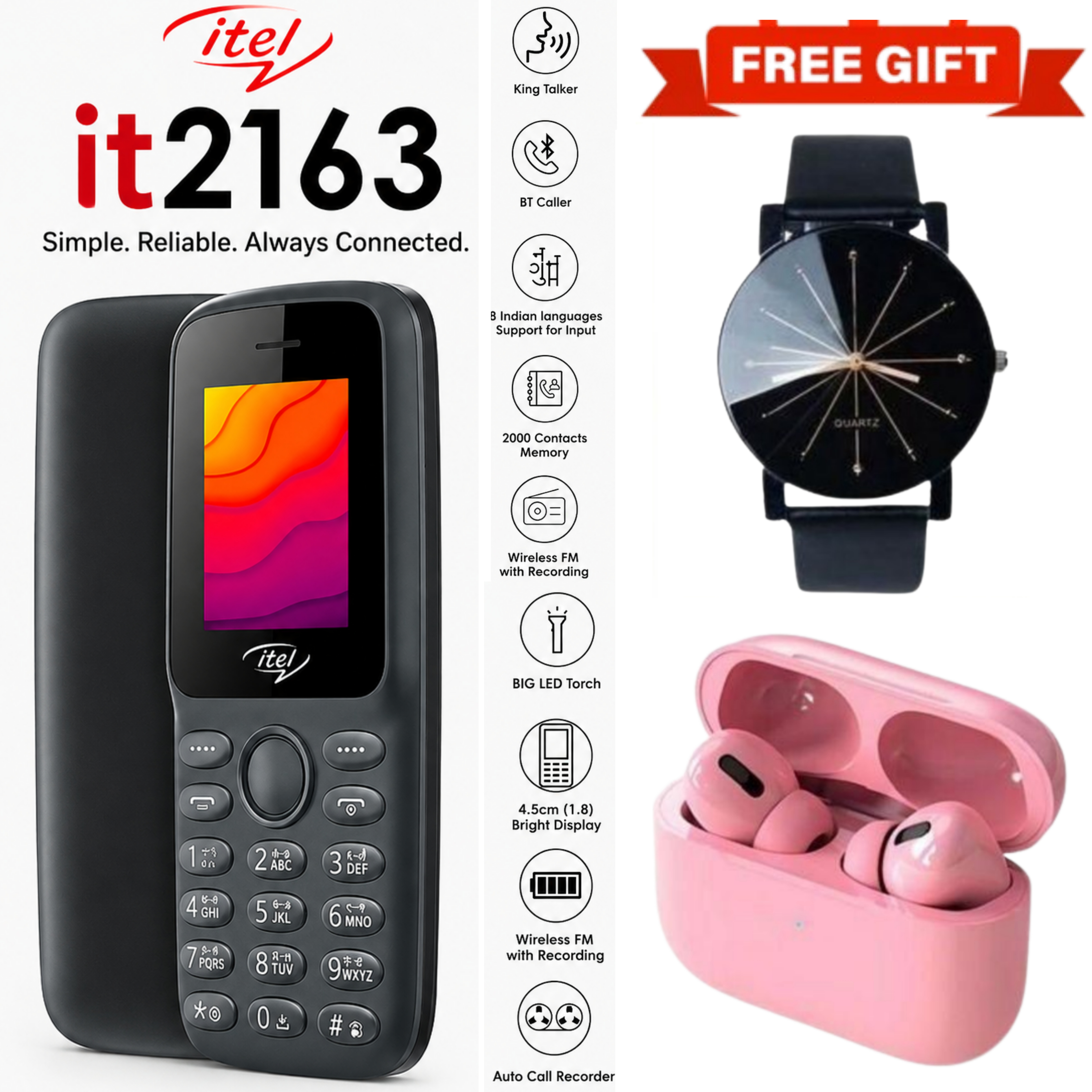 LIMITED DISCOUNT !!!BRAND NEW ITEL 2163 1.8" Display Wireless FM Dual SIM Opera Mini Bright Torch Kabambe Button Feature Phone King Talker with 2000 Contacts Memory, Long-Lasting Battery + FREE GIFTS