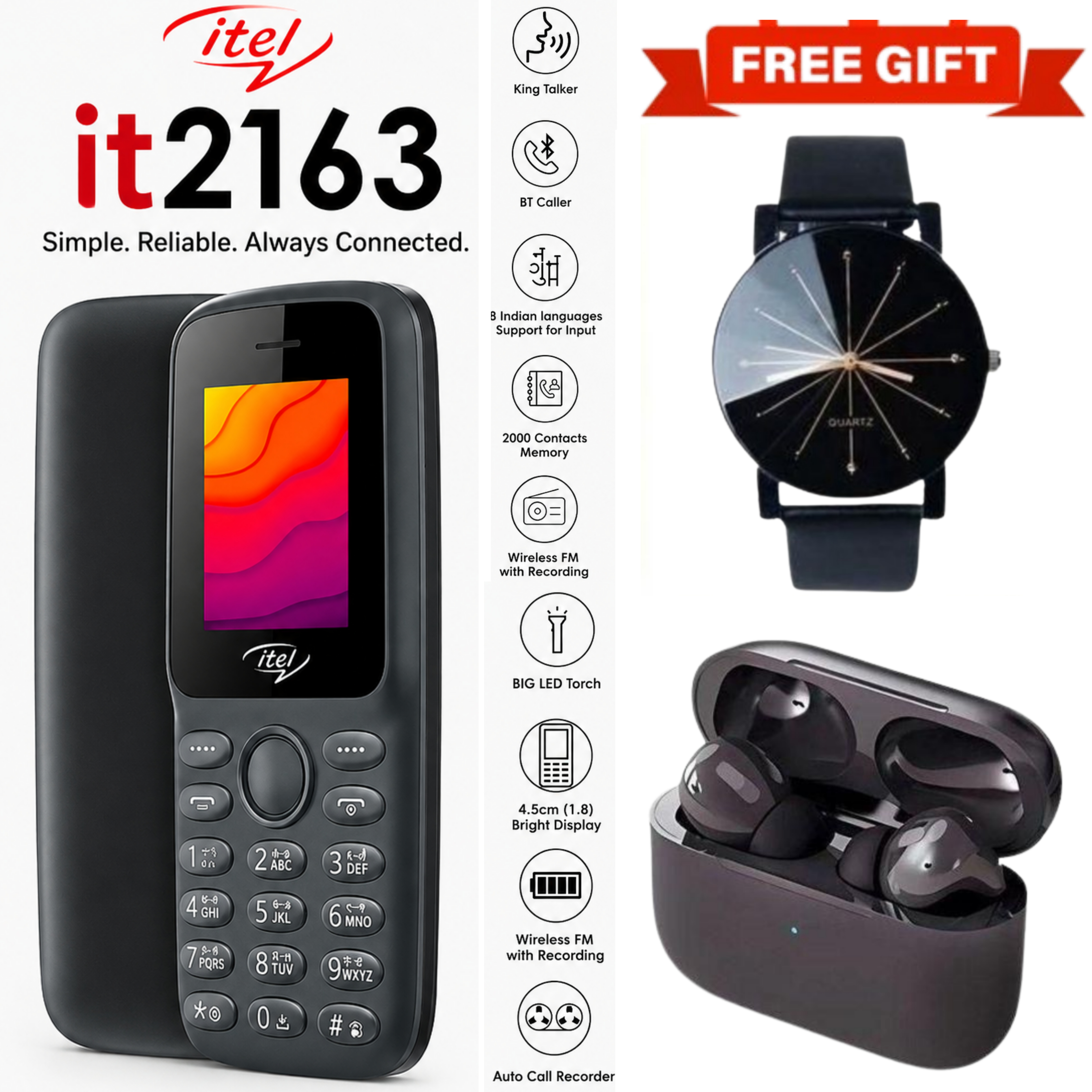 LIMITED DISCOUNT !!!BRAND NEW ITEL 2163 1.8" Display Wireless FM Dual SIM Opera Mini Bright Torch Kabambe Button Feature Phone King Talker with 2000 Contacts Memory, Long-Lasting Battery + FREE GIFTS