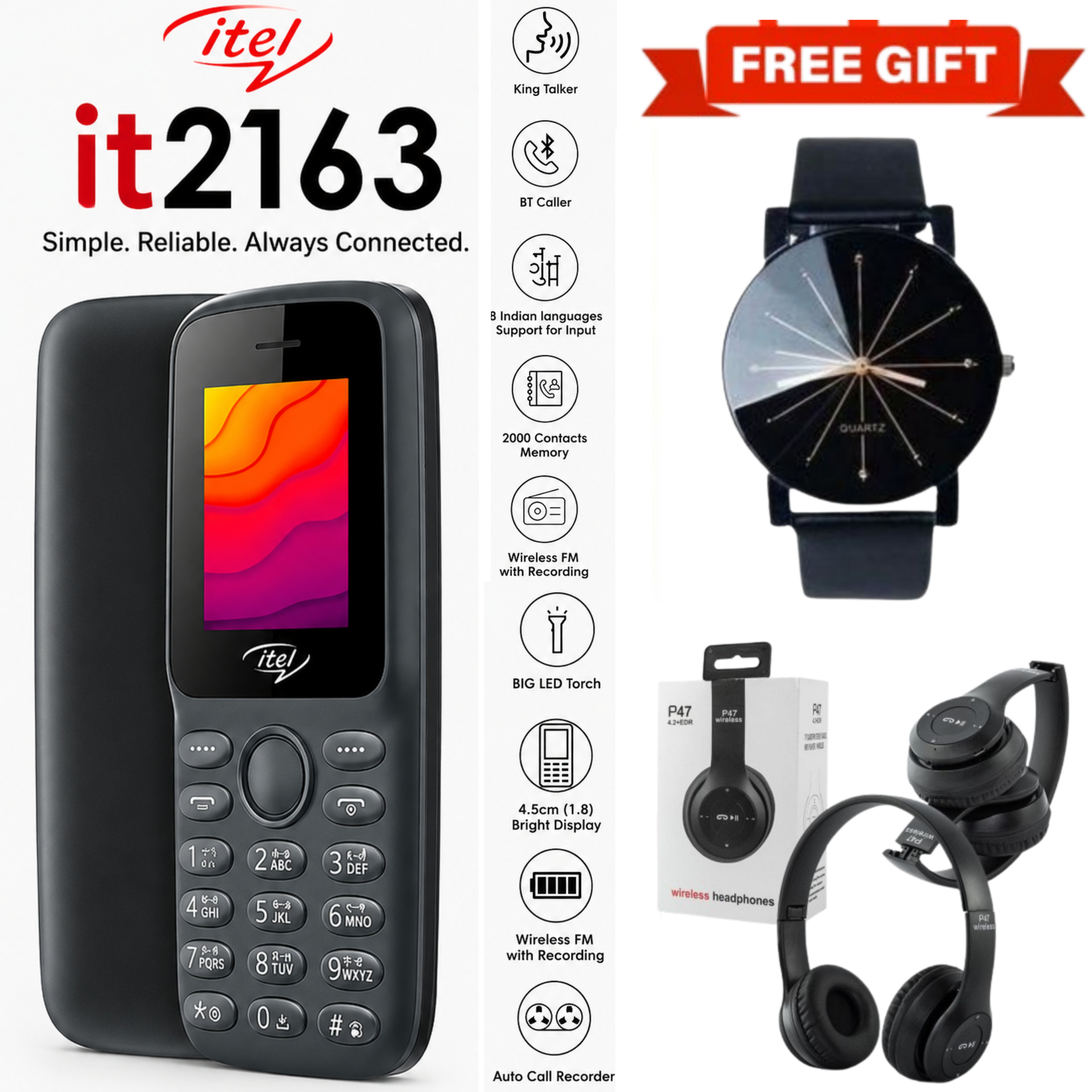 LIMITED DISCOUNT !!!BRAND NEW ITEL 2163 1.8" Display Wireless FM Dual SIM Opera Mini Bright Torch Kabambe Button Feature Phone King Talker with 2000 Contacts Memory, Long-Lasting Battery + FREE GIFTS