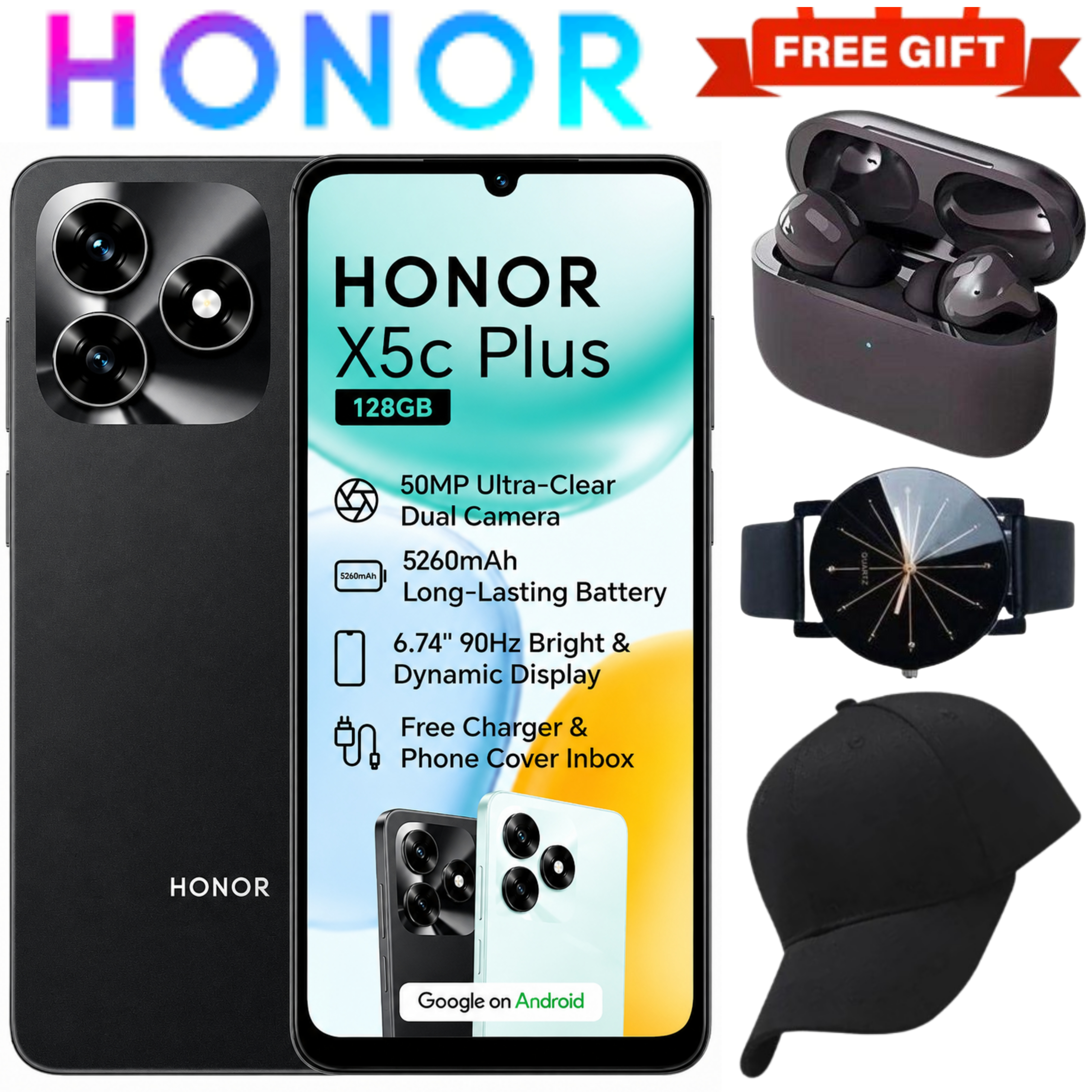 [SUPER DEALS!!!] HONOR X5C Plus Smartphone 6.56 Inch HD Display 5200mAh Battery 4GB RAM 128GB ROM 50MP Camera Android Phone Dual SIM Fingerprint Fast Charging + FREE GIFTS