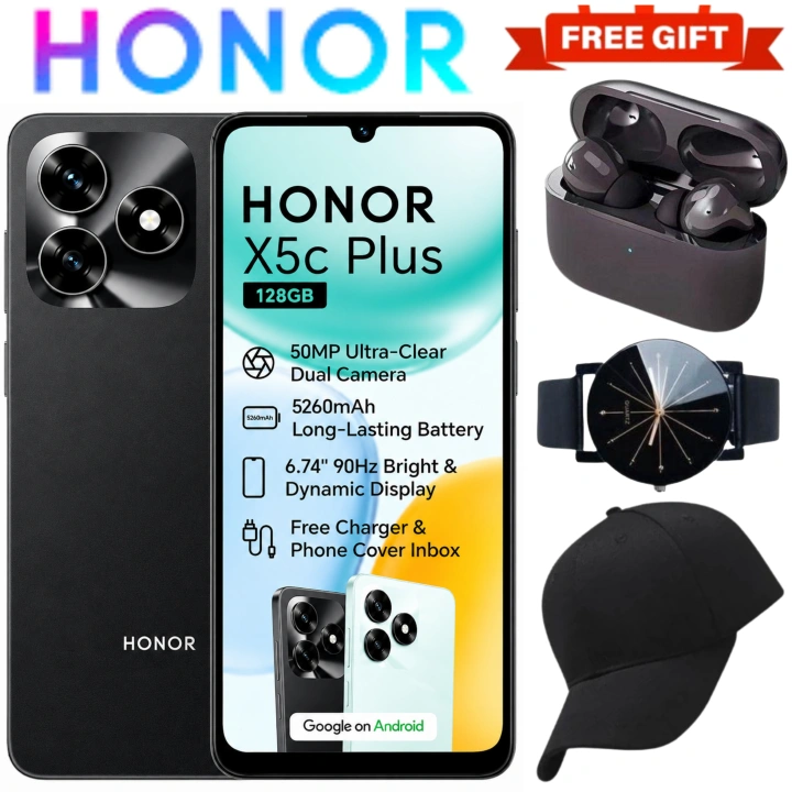 [SUPER DEALS!!!] HONOR X5C Plus Smartphone 6.56 Inch HD Display 5200mAh Battery 4GB RAM 128GB ROM 50MP Camera Android Phone Dual SIM Fingerprint Fast Charging + FREE GIFTS