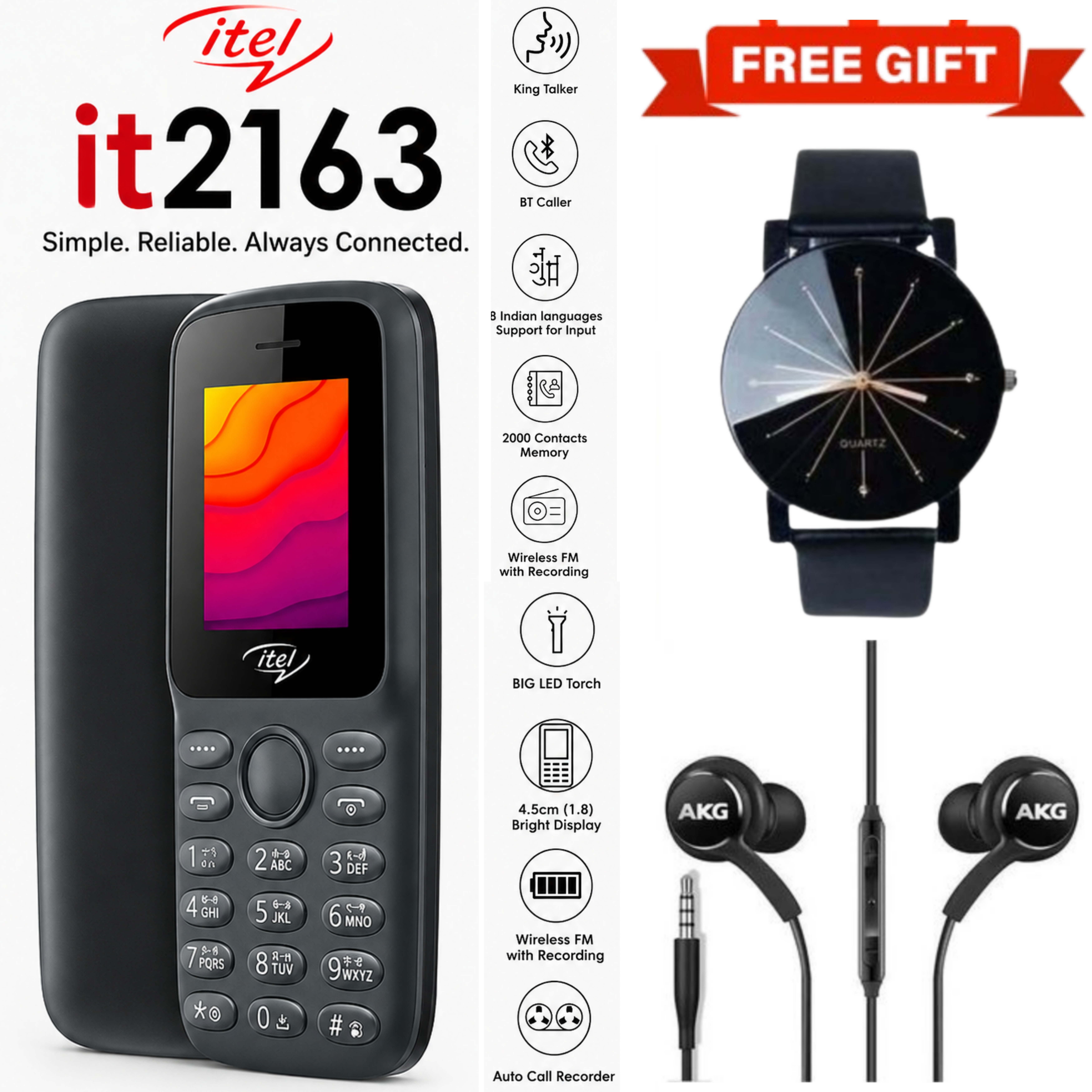 LIMITED DISCOUNT !!!BRAND NEW ITEL 2163 1.8" Display Wireless FM Dual SIM Opera Mini Bright Torch Kabambe Button Feature Phone King Talker with 2000 Contacts Memory, Long-Lasting Battery + FREE GIFTS