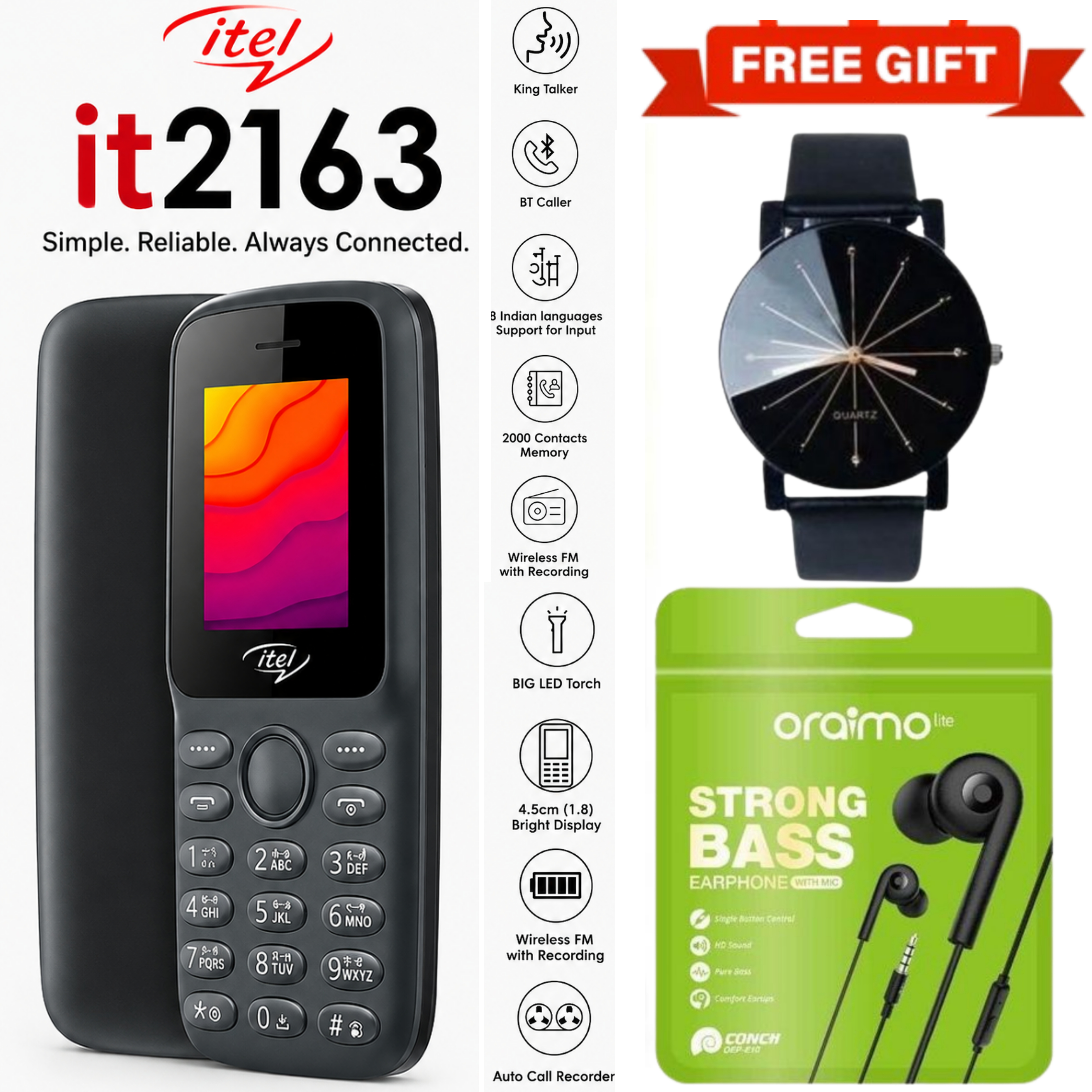 LIMITED DISCOUNT !!!BRAND NEW ITEL 2163 1.8" Display Wireless FM Dual SIM Opera Mini Bright Torch Kabambe Button Feature Phone King Talker with 2000 Contacts Memory, Long-Lasting Battery + FREE GIFTS