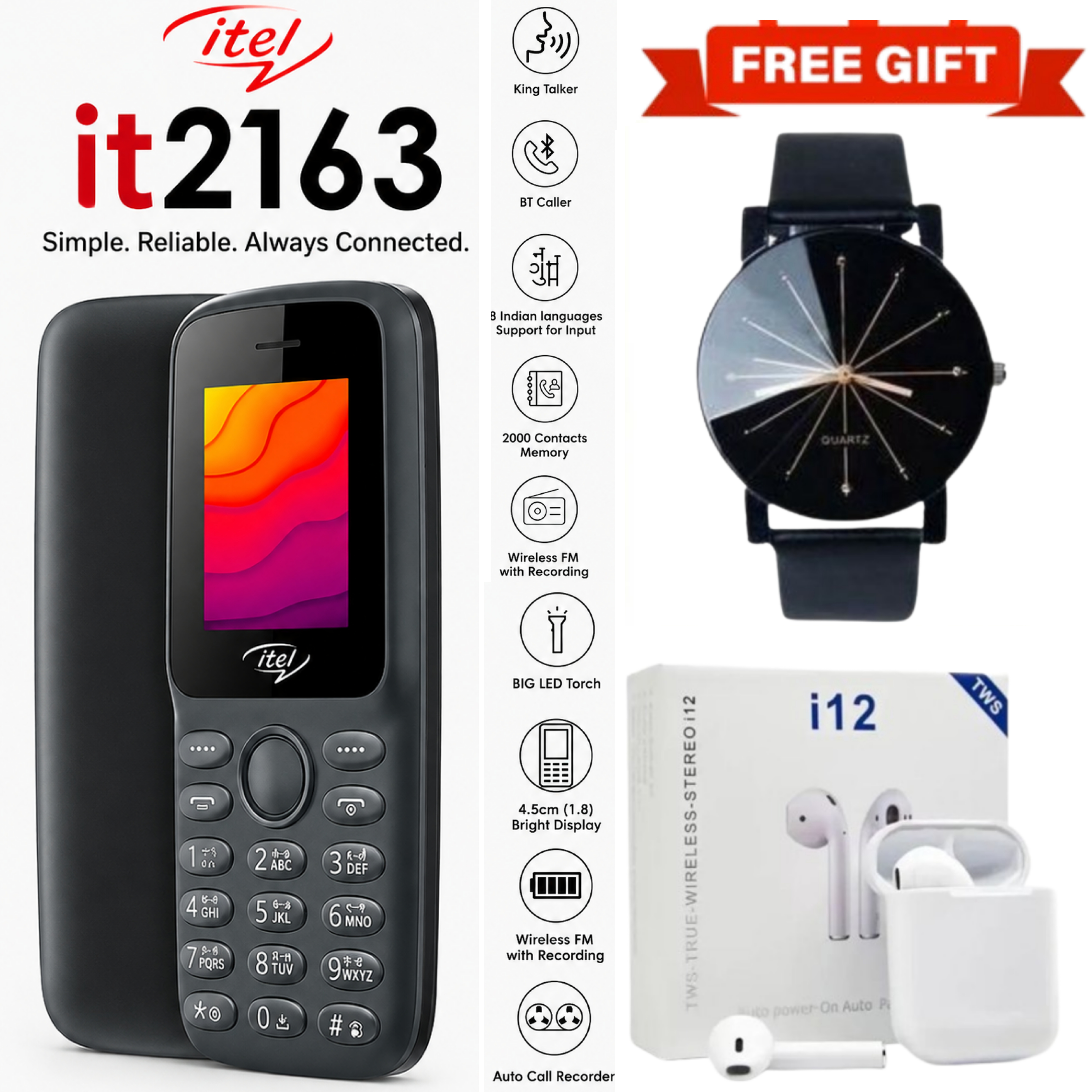 LIMITED DISCOUNT !!!BRAND NEW ITEL 2163 1.8" Display Wireless FM Dual SIM Opera Mini Bright Torch Kabambe Button Feature Phone King Talker with 2000 Contacts Memory, Long-Lasting Battery + FREE GIFTS