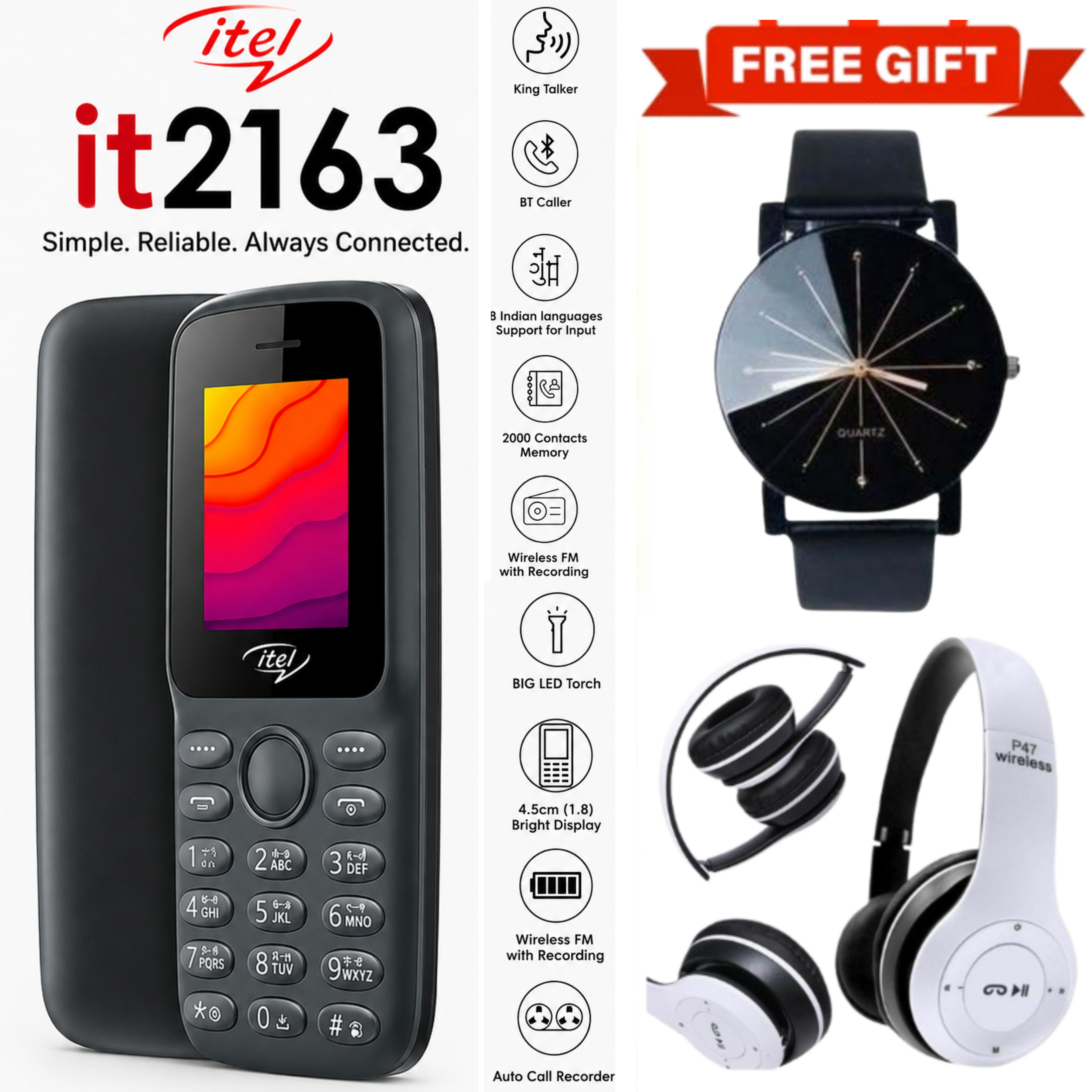 LIMITED DISCOUNT !!!BRAND NEW ITEL 2163 1.8" Display Wireless FM Dual SIM Opera Mini Bright Torch Kabambe Button Feature Phone King Talker with 2000 Contacts Memory, Long-Lasting Battery + FREE GIFTS