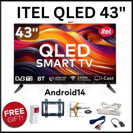 Itel 43 Inch QLED Smart TV Full HD, WiFi, Bluetooth, Frameless Display, Netflix, YouTube, Prime Video, Built-in Decoder, HDR Picture Quality, Energy Saving Television ANDROID 14 SMART TV+FREE GIFTS