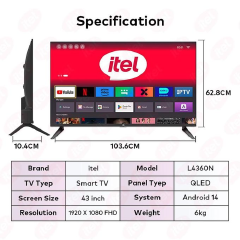 Itel 43 Inch QLED Smart TV Full HD, WiFi, Bluetooth, Frameless Display, Netflix, YouTube, Prime Video, Built-in Decoder, HDR Picture Quality, Energy Saving Television ANDROID 16 SMART TV