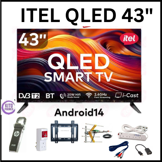 Itel 43 Inch QLED Smart TV Full HD, WiFi, Bluetooth, Frameless Display, Netflix, YouTube, Prime Video, Built-in Decoder, HDR Picture Quality, Energy Saving Television ANDROID 14 SMART TV+FREE GIFTS