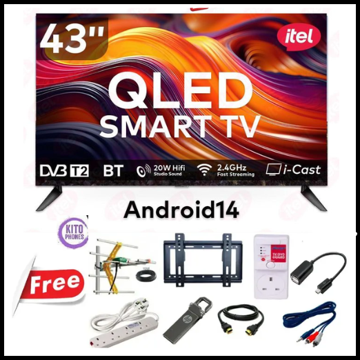 Itel 43 Inch QLED Smart TV Full HD, WiFi, Bluetooth, Frameless Display, Netflix, YouTube, Prime Video, Built-in Decoder, HDR Picture Quality, Energy Saving Television ANDROID 14 SMART TV+FREE GIFTS
