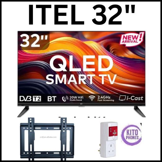 BRAND NEW ITEL TV 32 inches QLED Smart TV, Frameless, Bluetooth, Android14, Wifi, Digital, Netflix, YouTube, Prime, 32" television (1 year warranty SMART TV+FREE GIFTS(WALL MOUNT+TV GUARD)