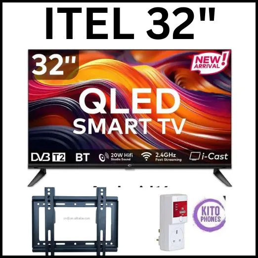 BRAND NEW ITEL TV 32 inches QLED Smart TV, Frameless, Bluetooth, Android14, Wifi, Digital, Netflix, YouTube, Prime, 32" television (1 year warranty SMART TV+FREE GIFTS(WALL MOUNT+TV GUARD)