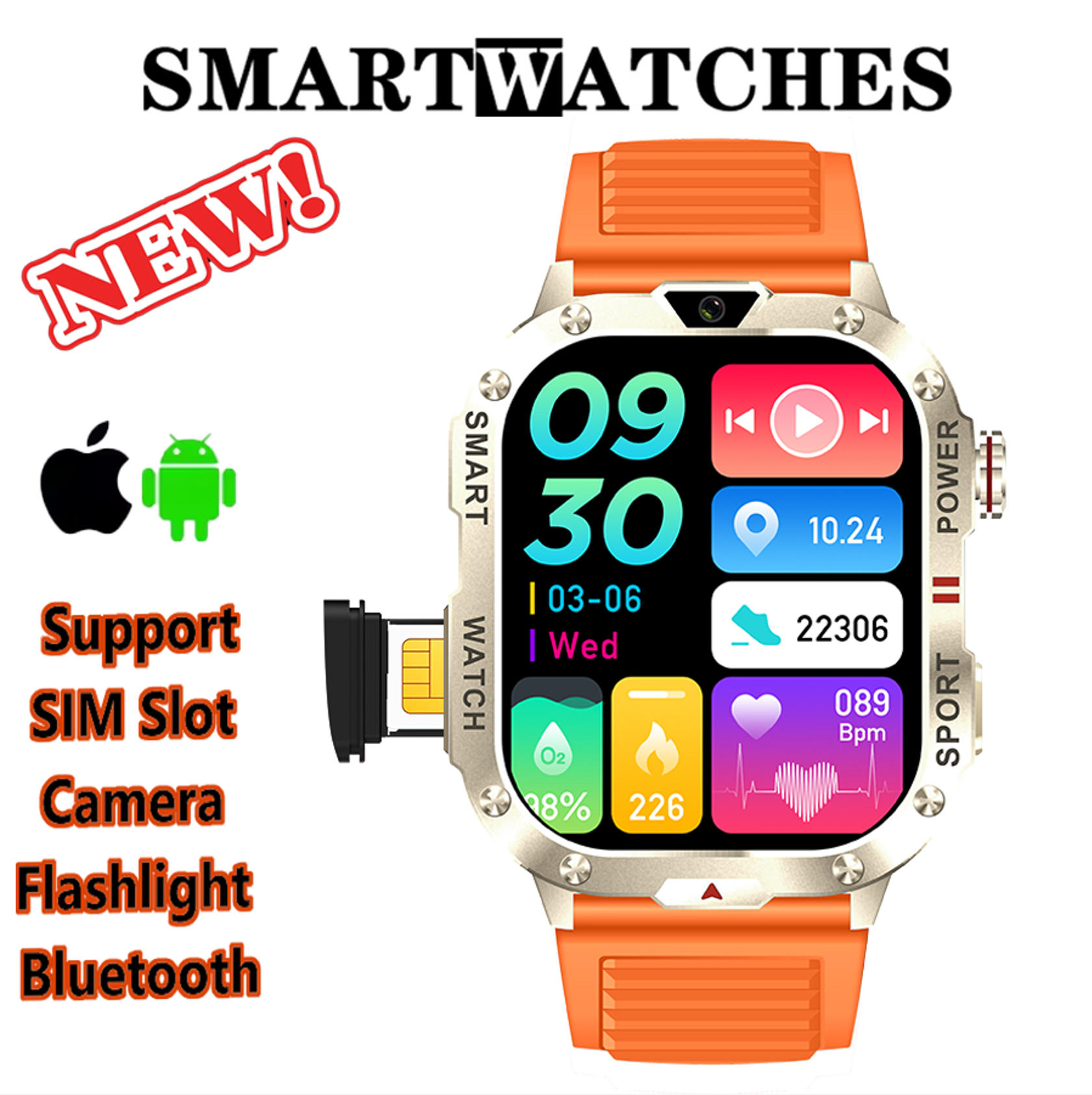 New Smartwatch SIM Card Slot Camera Flashlight Outdoor Sports Smart Watch for Men Women Phone Watch For Android IOS Men's Smart Watch with SIM Card Sports Watch Bluetooth Call Smartwatch for Man Woman