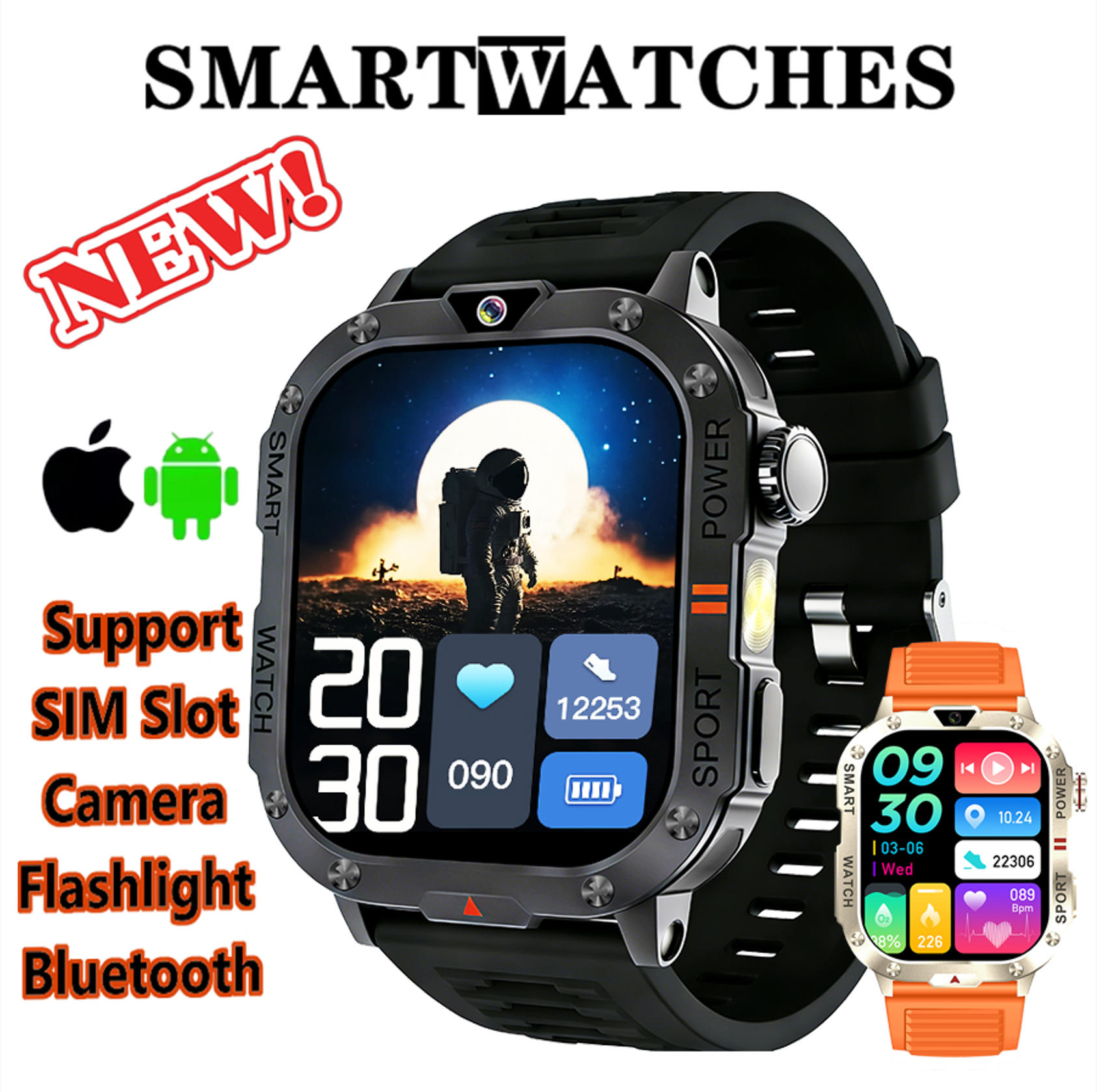 New Smartwatch SIM Card Slot Camera Flashlight Outdoor Sports Smart Watch for Men Women Phone Watch For Android IOS Men's Smart Watch with SIM Card Sports Watch Bluetooth Call Smartwatch for Man Woman