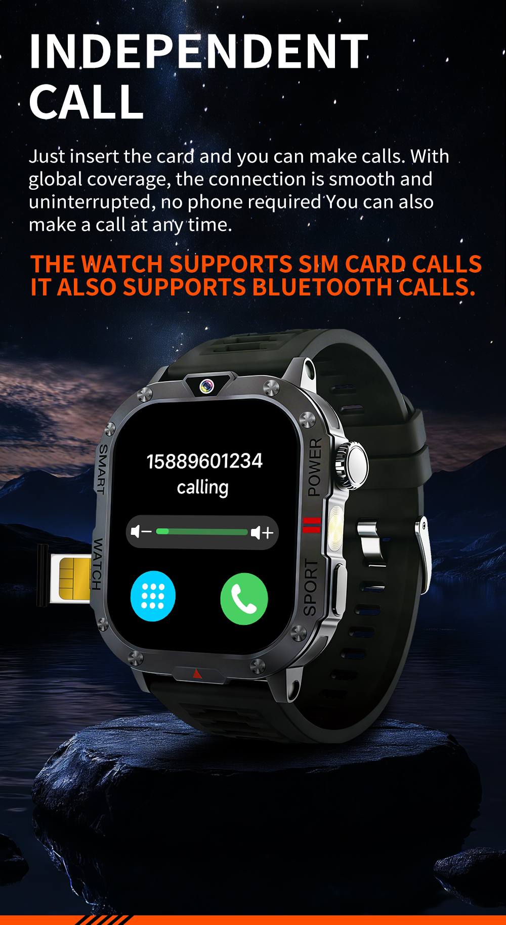 New Smartwatch SIM Card Slot Camera Flashlight Outdoor Sports Smart Watch for Men Women Phone Watch For Android IOS Men's Smart Watch with SIM Card Sports Watch Bluetooth Call Smartwatch for Man Woman