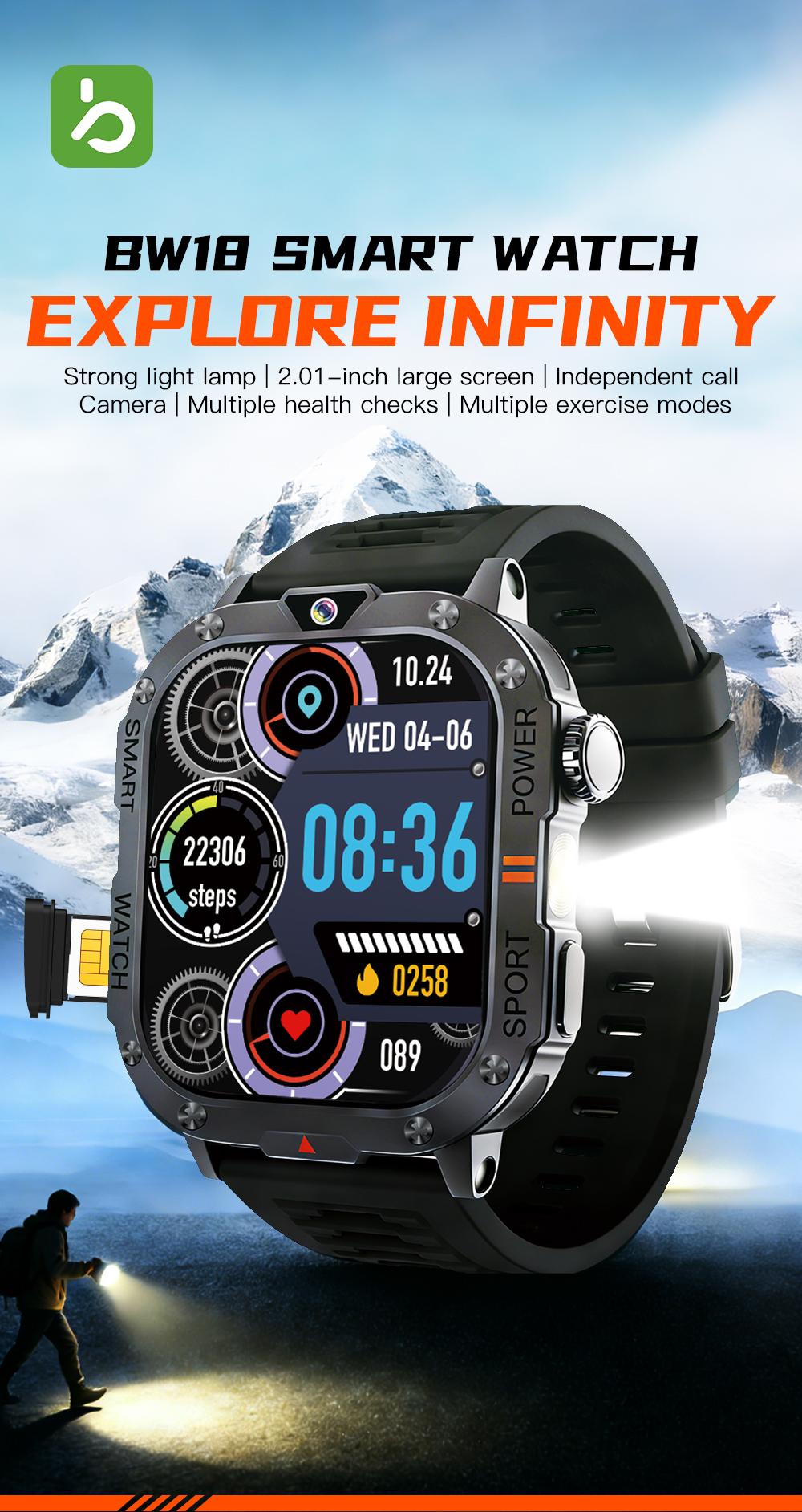 New Smartwatch SIM Card Slot Camera Flashlight Outdoor Sports Smart Watch for Men Women Phone Watch For Android IOS Men's Smart Watch with SIM Card Sports Watch Bluetooth Call Smartwatch for Man Woman