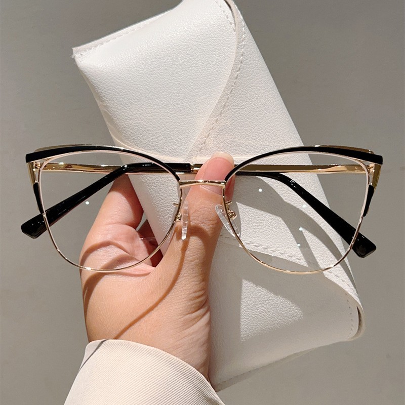 New Cat Eye Plain Face Advanced Anti-Blue Glasses Metal Frame Business Office Can Be Equipped With Degree Flat Glasses