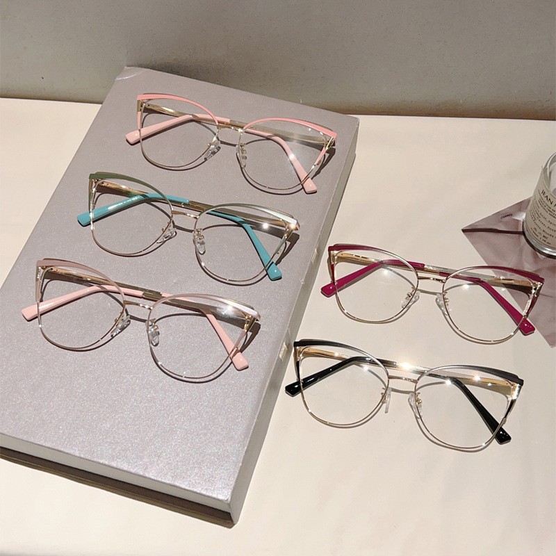 New Cat Eye Plain Face Advanced Anti-Blue Glasses Metal Frame Business Office Can Be Equipped With Degree Flat Glasses