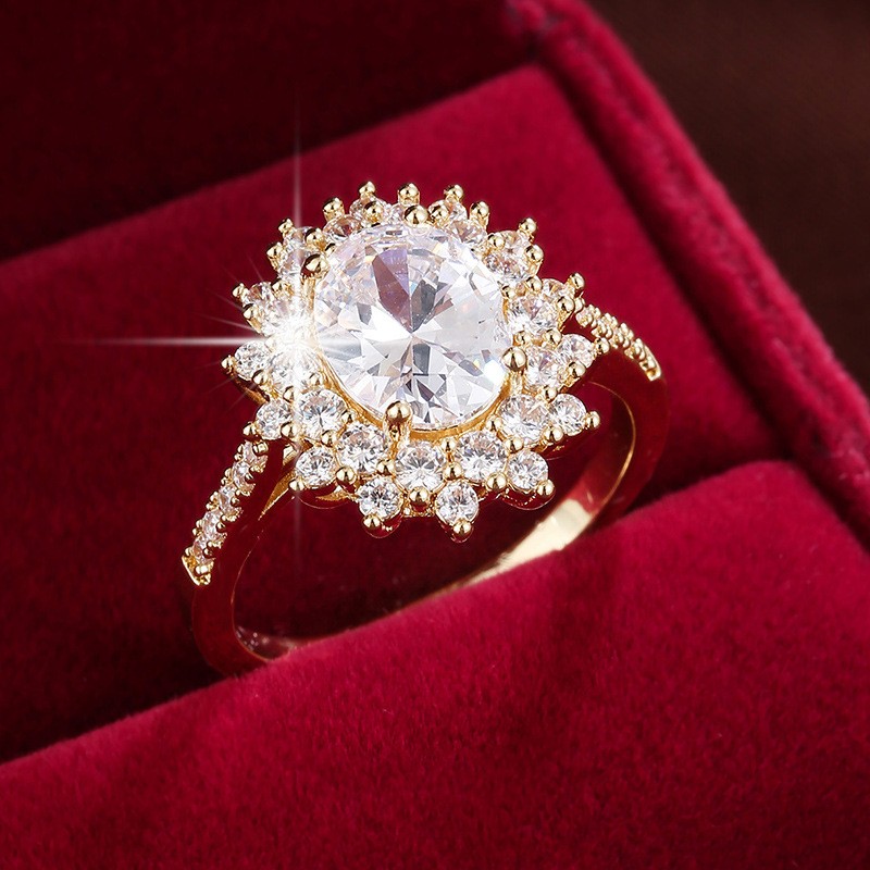 Inlaid With Colored Zircon Sunflower Ring, Women'S Ring, Egg-Shaped Sapphire Light Luxury Explosion