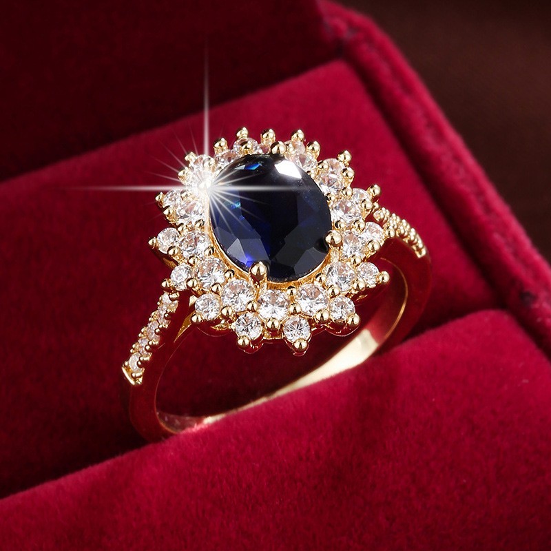 Inlaid With Colored Zircon Sunflower Ring, Women'S Ring, Egg-Shaped Sapphire Light Luxury Explosion