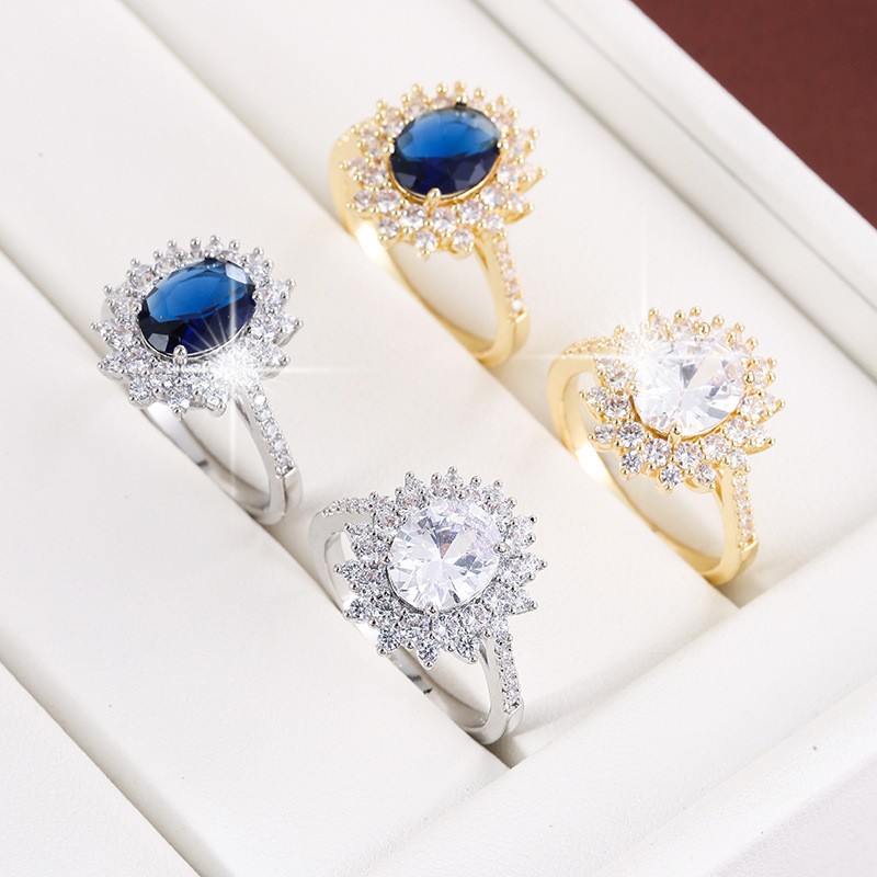 Inlaid With Colored Zircon Sunflower Ring, Women'S Ring, Egg-Shaped Sapphire Light Luxury Explosion