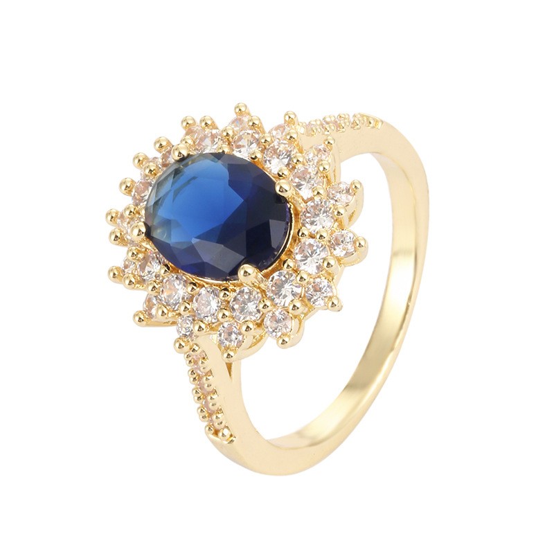 Inlaid With Colored Zircon Sunflower Ring, Women'S Ring, Egg-Shaped Sapphire Light Luxury Explosion