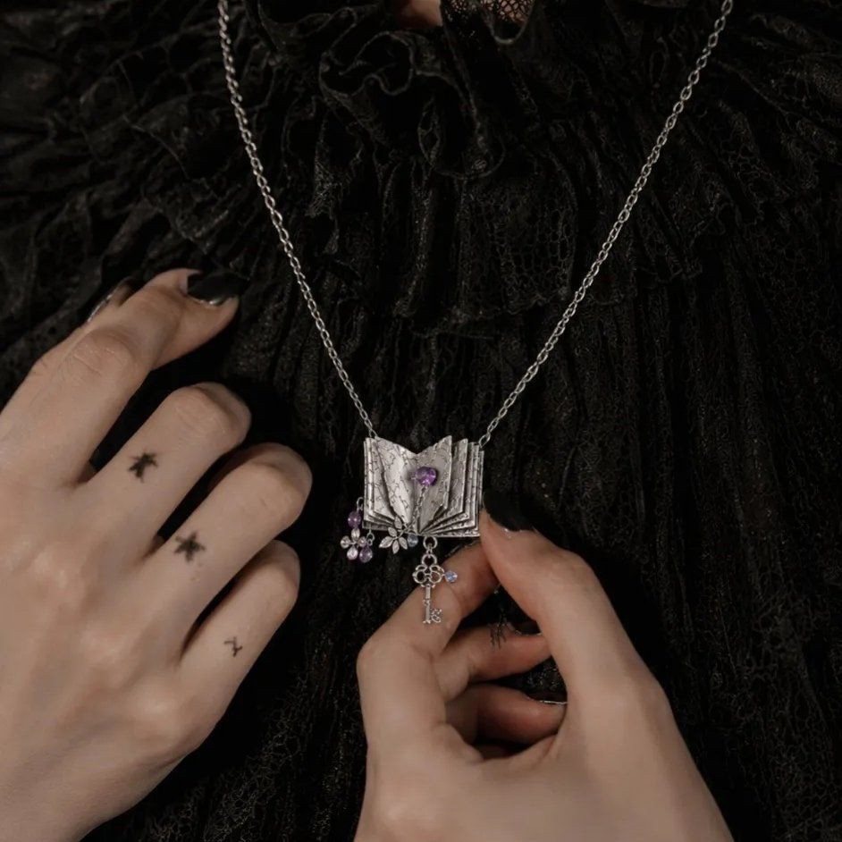 Vintage Alice Dream Magic Book Pendant Book Key Antique Purple Flower Leaf Necklace In Collarbone Chain