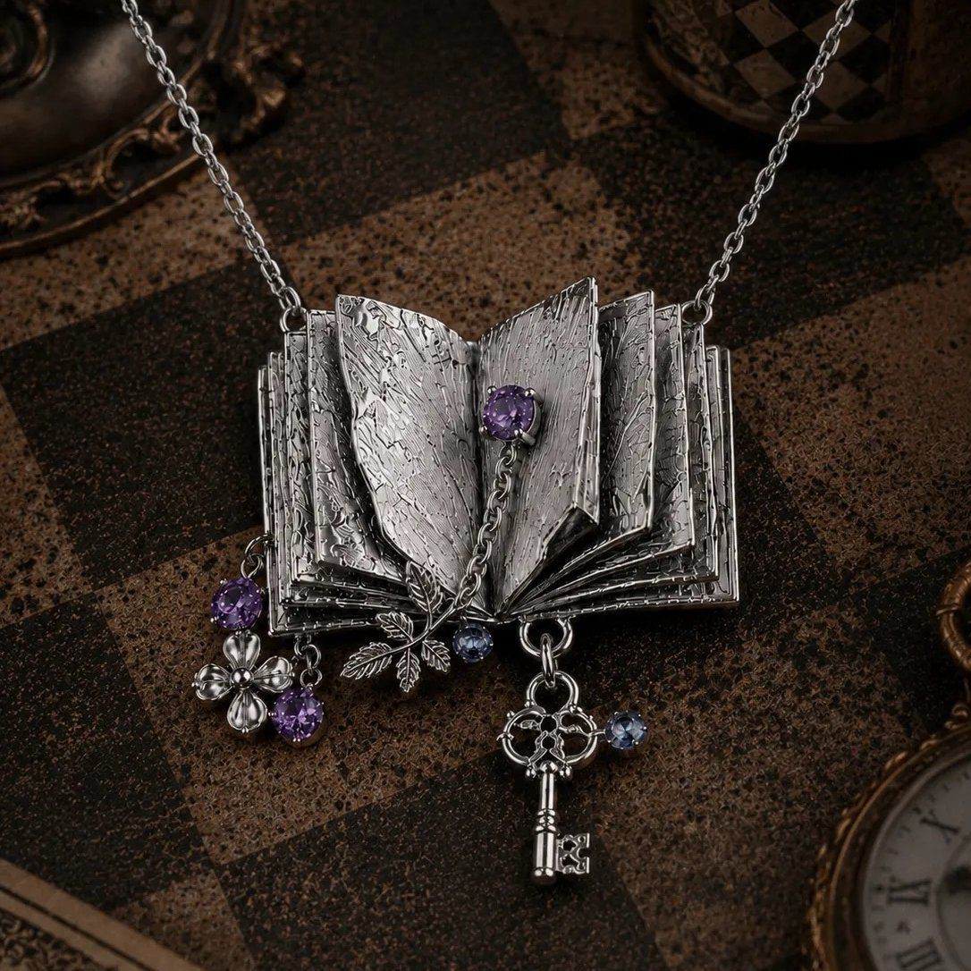 Vintage Alice Dream Magic Book Pendant Book Key Antique Purple Flower Leaf Necklace In Collarbone Chain