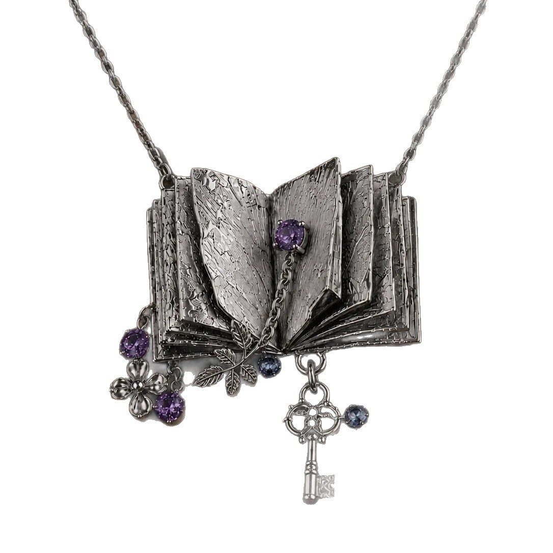 Vintage Alice Dream Magic Book Pendant Book Key Antique Purple Flower Leaf Necklace In Collarbone Chain