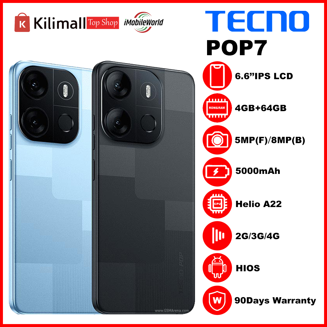 【Free Earbuds】Refurbished TECNO POP 7 64GB + 4GB 6.6" HD+ Big Screen Dual SIM 4G LTE Network 8MP AI Dual Camera 5000mAh Face ID+Rear Fingerprint Unlock OTG Smart Phones