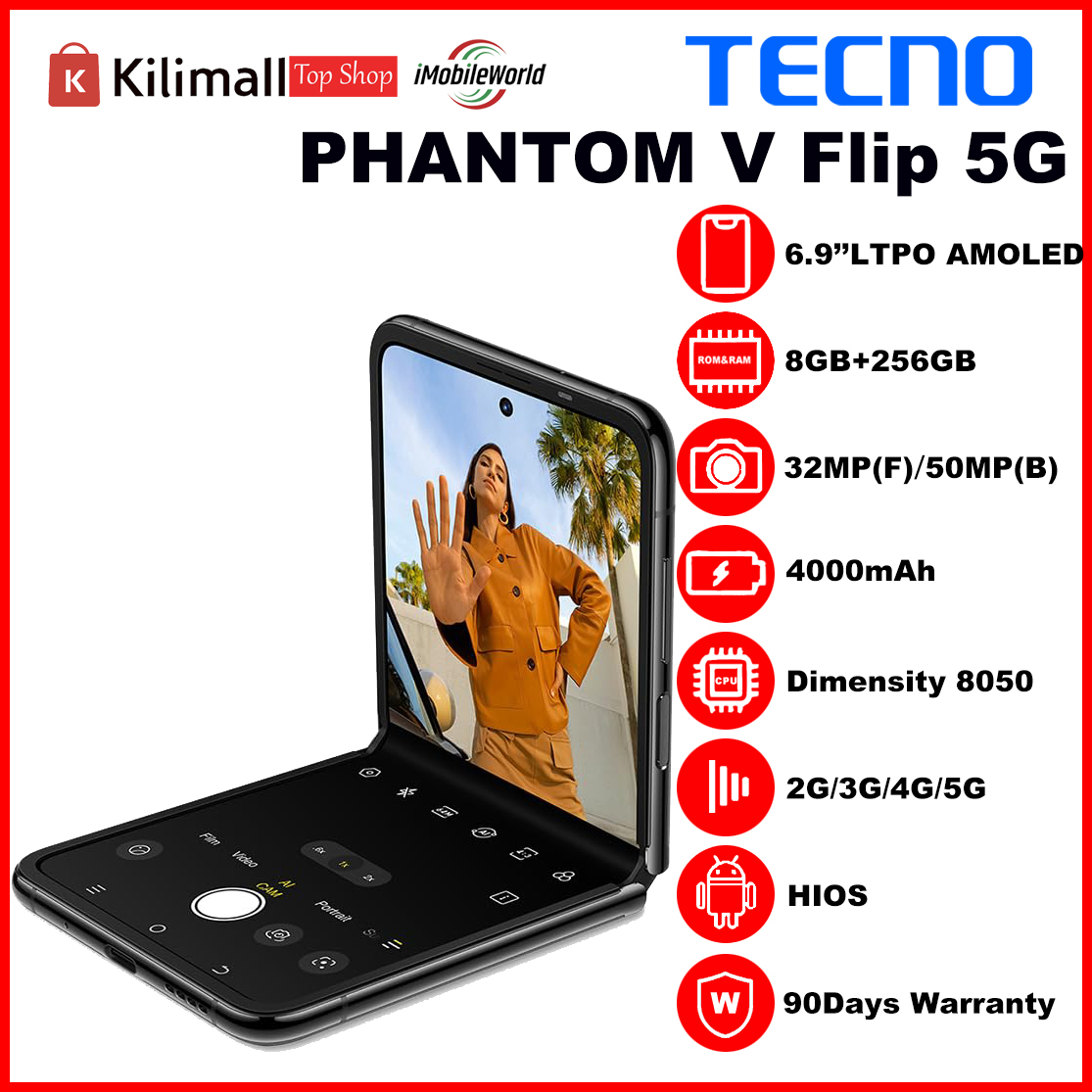 【Free Earbuds】Refurbished Phone TECNO PHANTOM V Flip 5G (AD11) 8GB RAM + 256GB ROM Iconic Black 6.90 inch Display Single SIM 32M Front Camera 64M Back Camera 4000mAh Battery 3 Months Warranty_12023370
