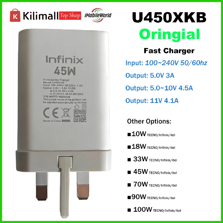 Oringinal Fast Charger 10W / 18W / 33W / 45W / 70W / 90W / 100W  White/TENCO/Infinix/itel (100% Origial and 6Month Warranty)