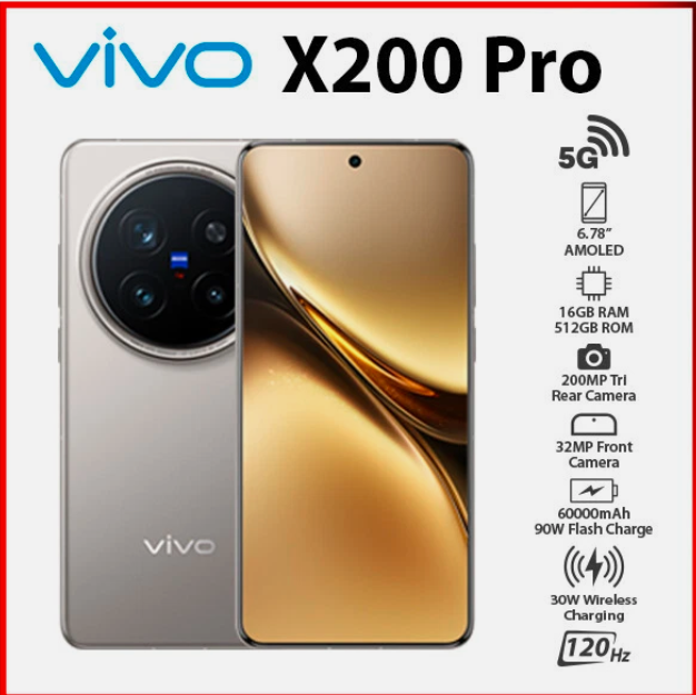 Refurbished Phone Vivo X200 Pro  5G (16GB RAM / 512GB Storage)， 6.78-inch 120Hz AMOLED display, a MediaTek Dimensity 9400 processor, a 6000mAh，Warranty，12 months