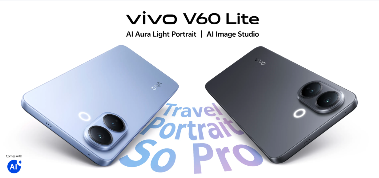 Refurbished Phone vivo V60 Lite（8GB+256GB),  featuring a 6.77-inch AMOLED 120Hz display,  a massive 6500 mAh battery with 90W , 50MP + 8MP rear dual-camera setup with AI Aura Light