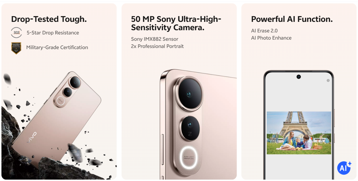 Refurbished Phone  vivo V50 Lite (8+256GB),  6500 mAh Battery, AI, Dimensity 6300mhA， 90W fast charging, and bright 120Hz AMOLED display