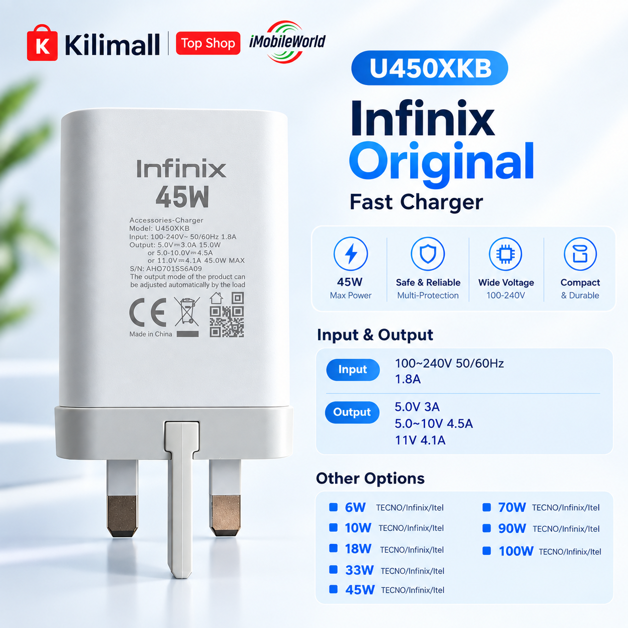 Oringinal Fast Charger 10W / 18W / 33W / 45W / 70W / 90W / 100W  White/TENCO/Infinix/itel (100% Origial and 6Month Warranty)