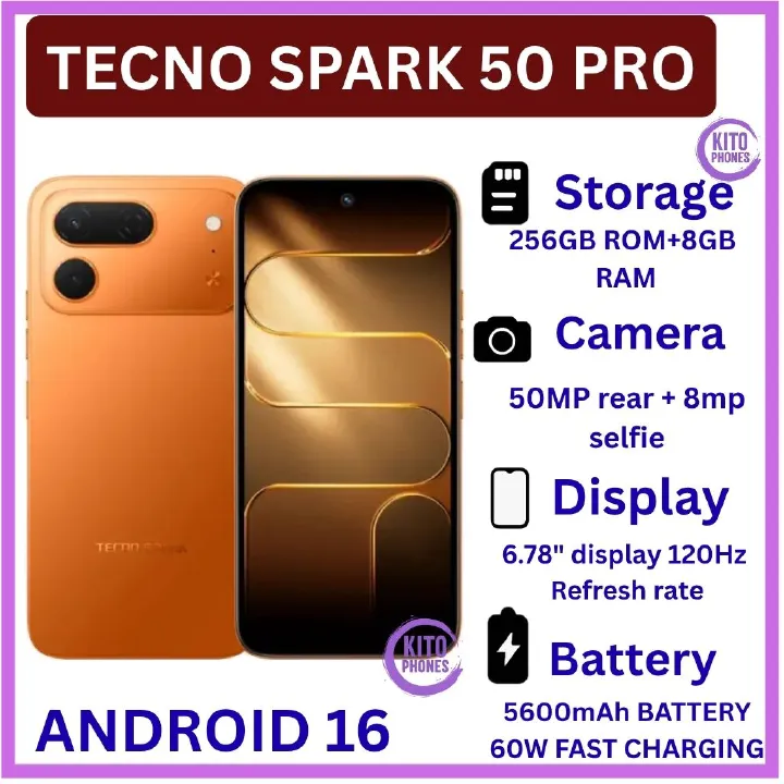 [BRAND NEW] Tecno Spark 50 Pro 256GB ROM+8GB RAM 6.78-inch 50MP f/1.8 PDAF + 8MP f/2.0 selfie Battery 5600mAh Android 16, HiOS 16'MediaTek Helio G100+12 MONTHS FREE WARRANTY PHONE SMARTPHONE
