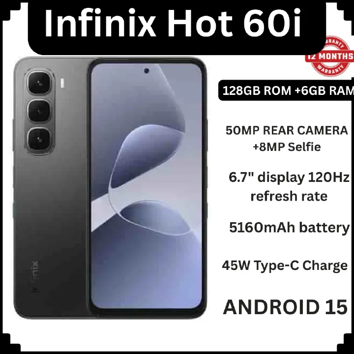 [BRAND NEW] Infinix Hot 60i 128GB ROM+12(6+6)GB RAM 6.7" 120Hz Screen 4G Phone Dual SIM 5160mAh Battery 45W Charging 50MP Camera Fingerprint Lock Android 15 G81 Smart AI smart Phones