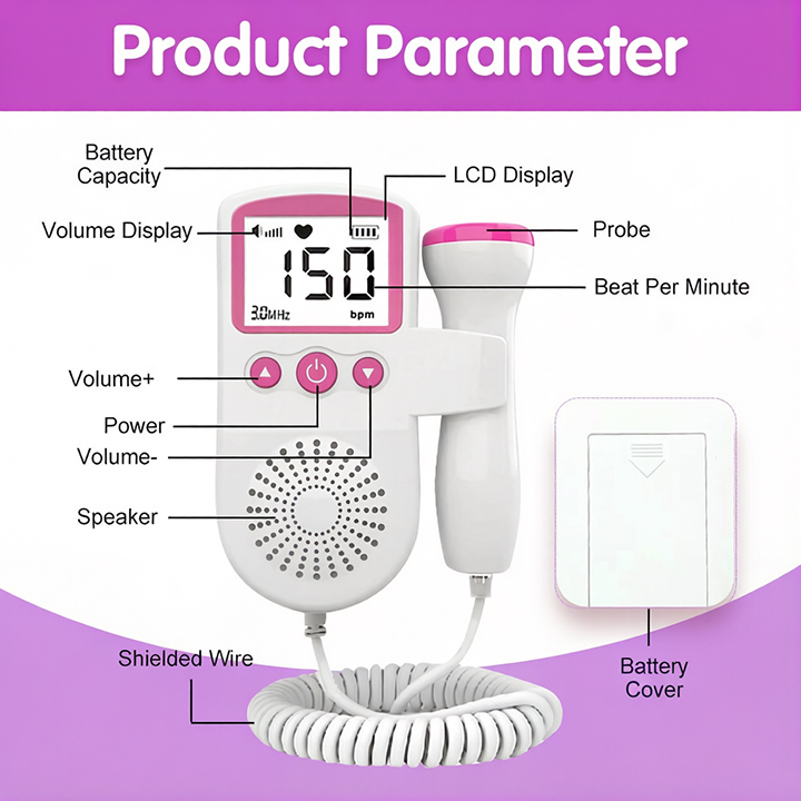 Fetal Doppler Ultrasound Baby Heartbeat Prenatal Detector Home Pregnant Heart Rate Monitor Detector Pulse Meter Backlight LCD Probe Baby Heart Beat Monitor Prenatal Monitoring Devices
