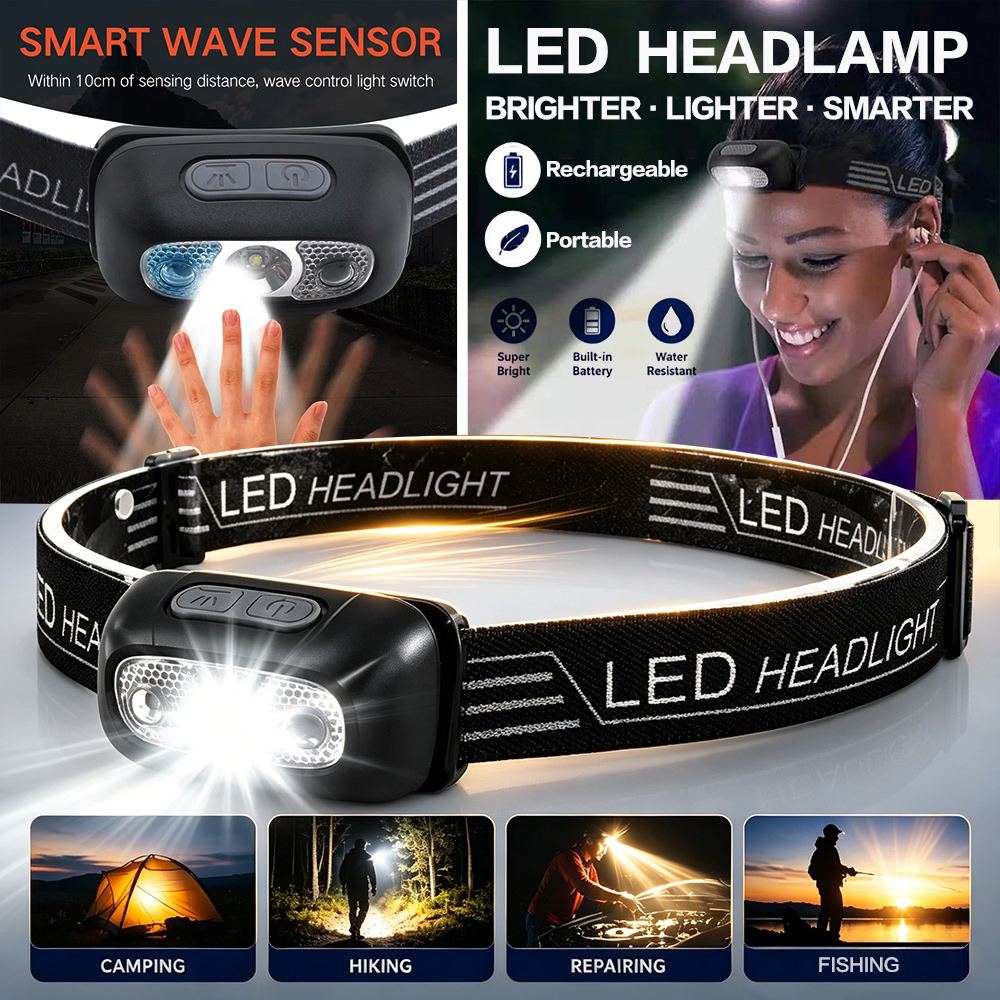 Headlamp Powerful Rechargeable Head Flashlight for Fishing Led Headlamp Camping Hiking Headlights Hunting Torch Hiking Front Lights Lanterns Wave Sensor Headlamp Sell Like Hot Cakes