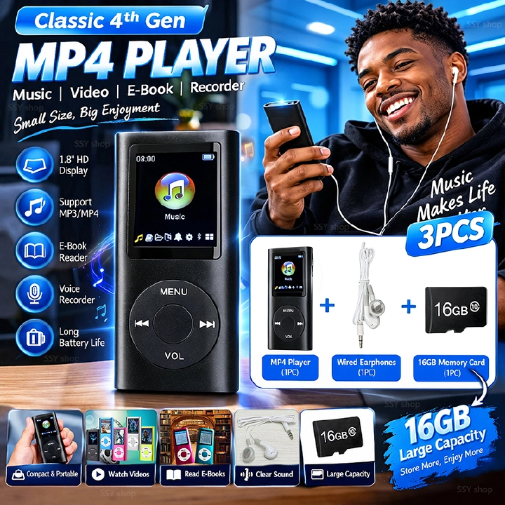 3PCS【MP4 Player+16GB Memory Card+Wired Earphones】Classic 4th Gen MP3 MP4 Player 1.8 Inch HD Display Portable Music Video Player E-Book Student Walkman Includes a 16GB Memory Card — Large Capacity