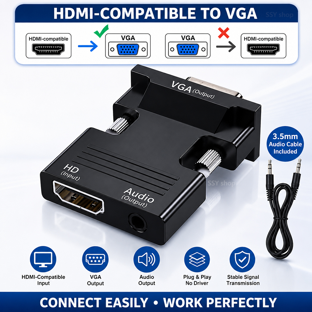 Male to Female HDMI to VGA Adapter HD 1080P Audio Cable Converter with 3.5mm Audio Cable for PC Laptop TV Box Computer Monitor Projector