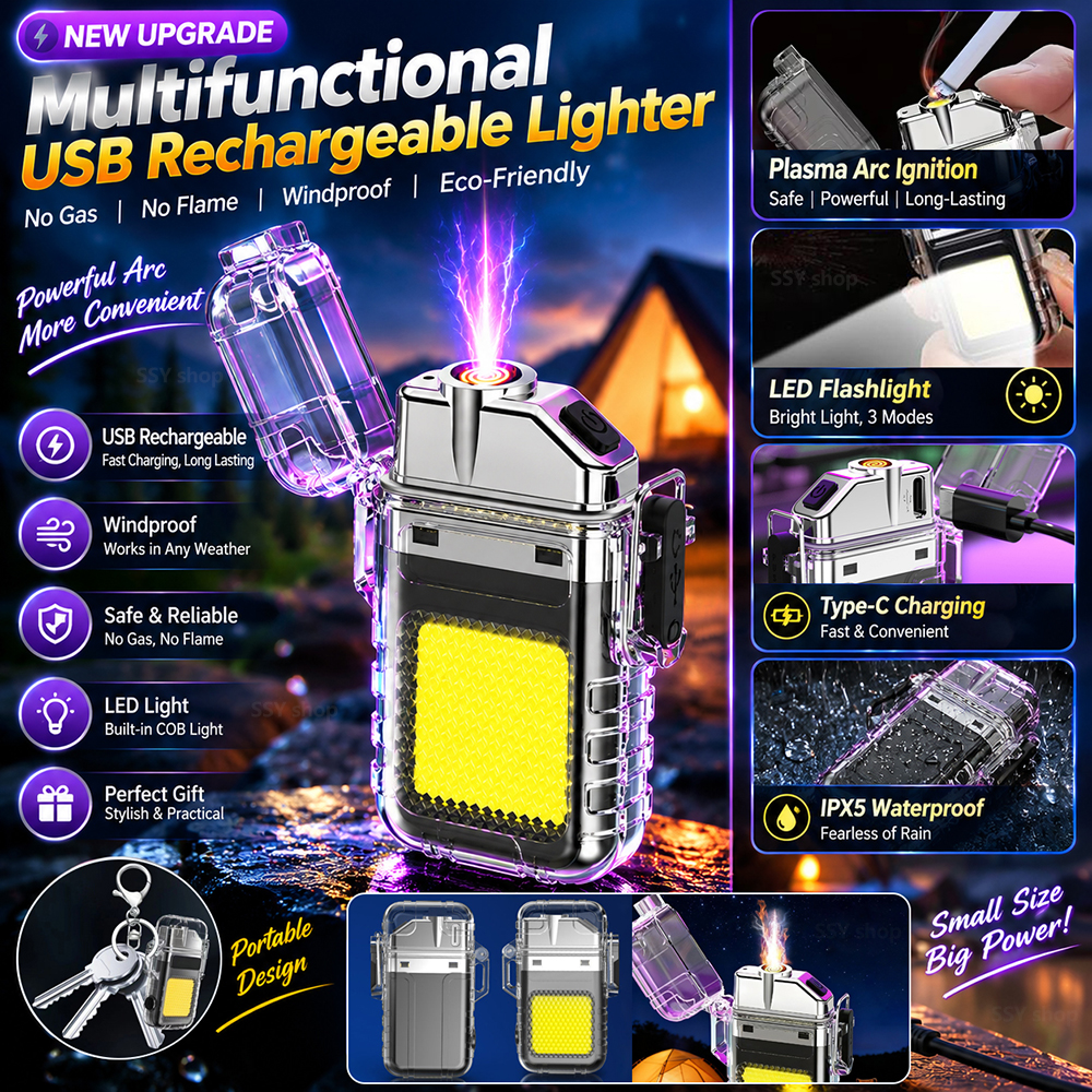 Multifunctional USB Rechargeable Lighters Portable Lighting Lighter Super Bright Flashlights Outdoor Camping Lighting Waterproof Lighter Emergency Work Lights Super Long Battery Life