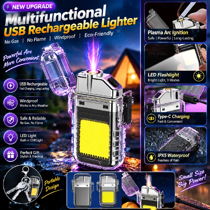 Multifunctional USB Rechargeable Lighters Portable Lighting Lighter Super Bright Flashlights Outdoor Camping Lighting Waterproof Lighter Emergency Work Lights Super Long Battery Life