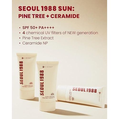 Seoul 1988 Sun Cream SPF 50+ PA++++ - Pine Tree & Ceramide - Moisturizes, Soothes Inflammation & Redness, Boosts Collagen Production, Improves Elasticity - 50ml