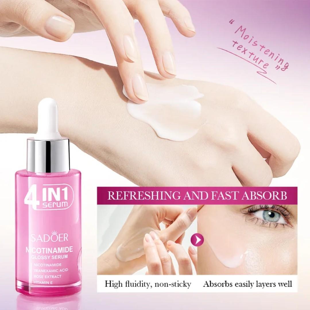 4 in 1 Serum SADOER Nicotinamide Glossy Serum with Nicotinamide + Tranexamic Acid + Rose Extract + Vitamin E for Intensive Moisturising, Rapid AbsorptionBrighten Dull Skin, Radiant Skin, Luster
