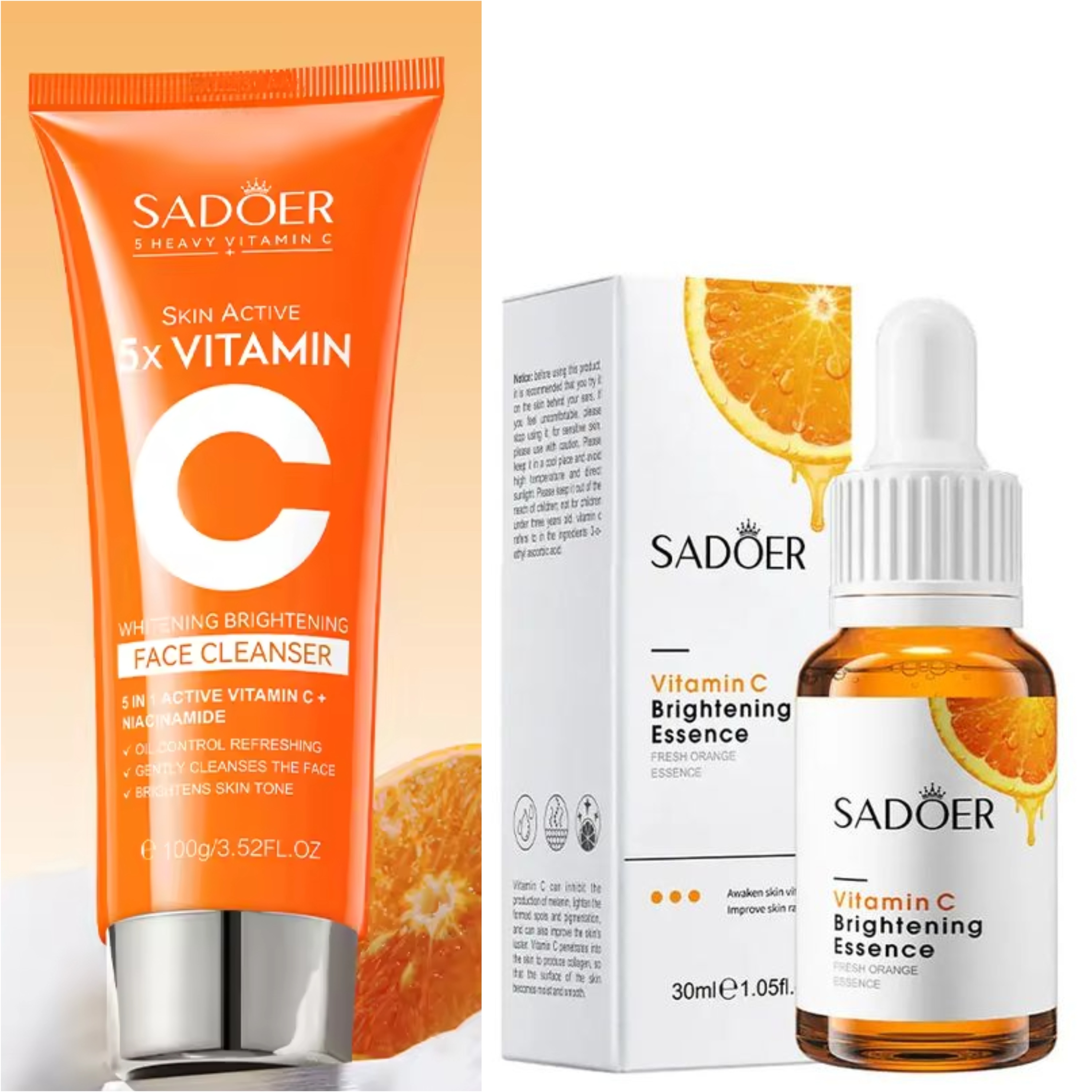 Sadoer 2 in 1 Skin Active 5 x Vitamin C Face Cleanser +  Vitamin C Serum  Face Brightening Essence for Whitening Black Spots and Blemisshes, Deep Moisturizing, Skin Nourishing