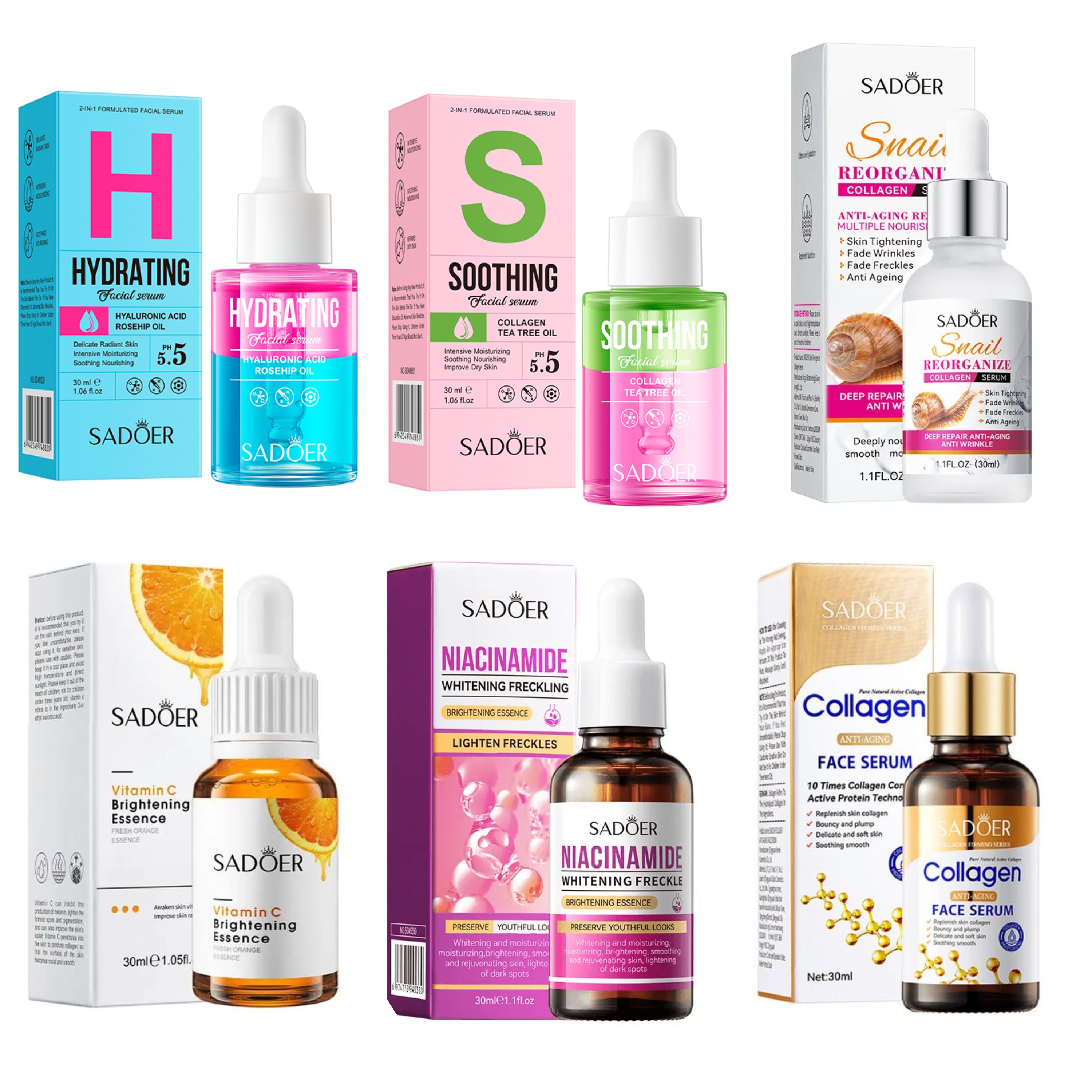 Six (6) Pieces Set, Vitamin C Serum + Niacinamide Serum + Hyaluronic Serum + Soothing Facial Serum + Snail Collagen Serum + Sadoer  Collagen Serum  Anti Wrinkles, Anti Acne Turmeric Serum, Hydrating