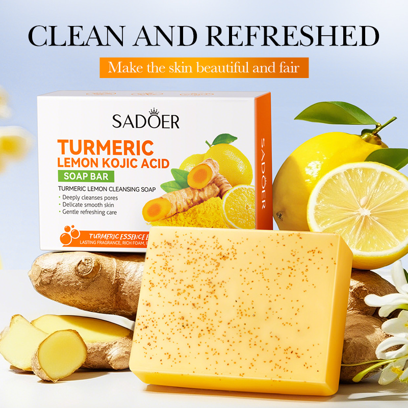 Turmeric Lemon Kojic Acid Soap Bar, SADOER Turmeric Soap, Lemon Soap For Deep Cleansing of Dirt, Oil, Improves Dull and rough Skin for a Beautiful Fair Skin Like Vitamin C,wih Kojic Acid and Ceramide