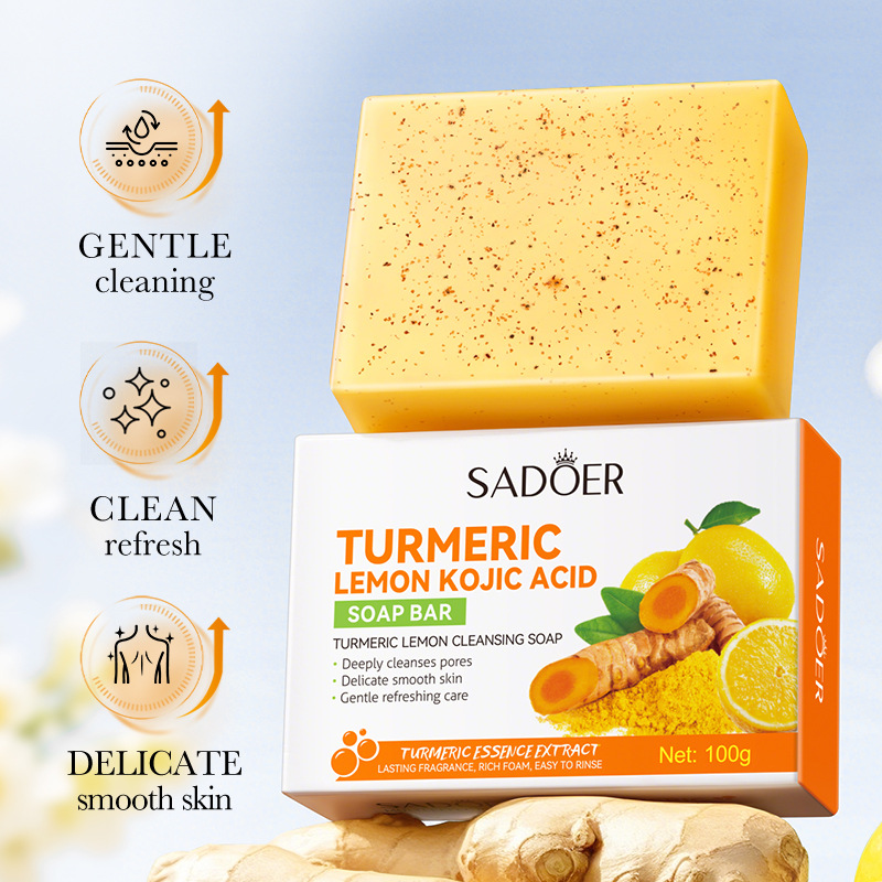 Turmeric Lemon Kojic Acid Soap Bar, SADOER Turmeric Soap, Lemon Soap For Deep Cleansing of Dirt, Oil, Improves Dull and rough Skin for a Beautiful Fair Skin Like Vitamin C,wih Kojic Acid and Ceramide
