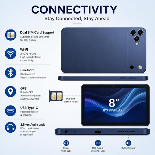 Modio M135 8 Inch Android 16.0 Tablet, 8GB RAM 512GB Storage, 5000mAh Battery, 20MP Rear Camera, 8MP Front Camera, IPS HD Display, Dual SIM, Wi-Fi, Keyboard, Mouse & Stylus Included (Blue)